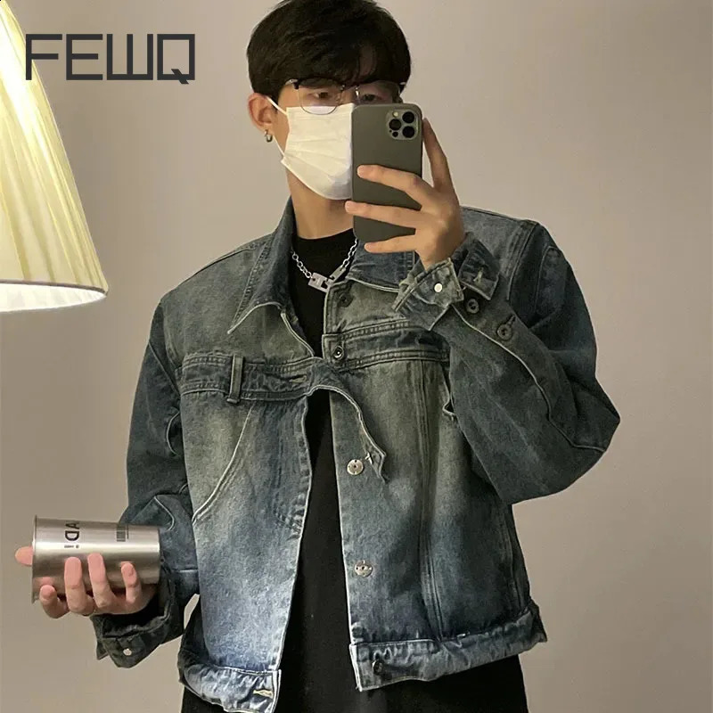 FEWQ Mens n Denim Jacket American 2023 Vintage Turndown Collar Belt Single Breasted Male Coat High Street 24X1972 240911Z