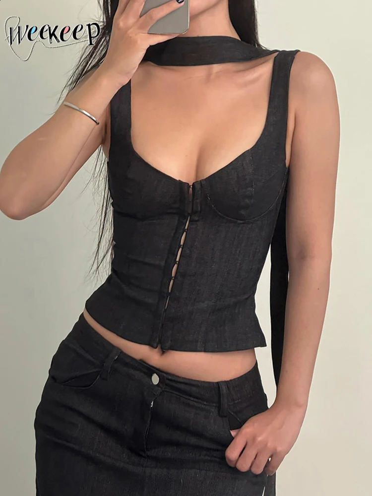 Weekeep black button top casual solid sleeveless tight fitting vest womens y2k retro clothing street basic vest 240914