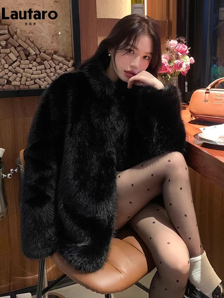 Lautaro Autumn winter black soft thick hair furry faux fox fur coat womens stand up collar long sleeved fluffy jacket 240913
