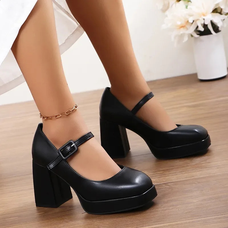 Automne Fashion Metal Boucle de semelle épaisse racine carrée Mary Jane Chaussures Couch Casual Color Party Robe Womens High Talon Aad0