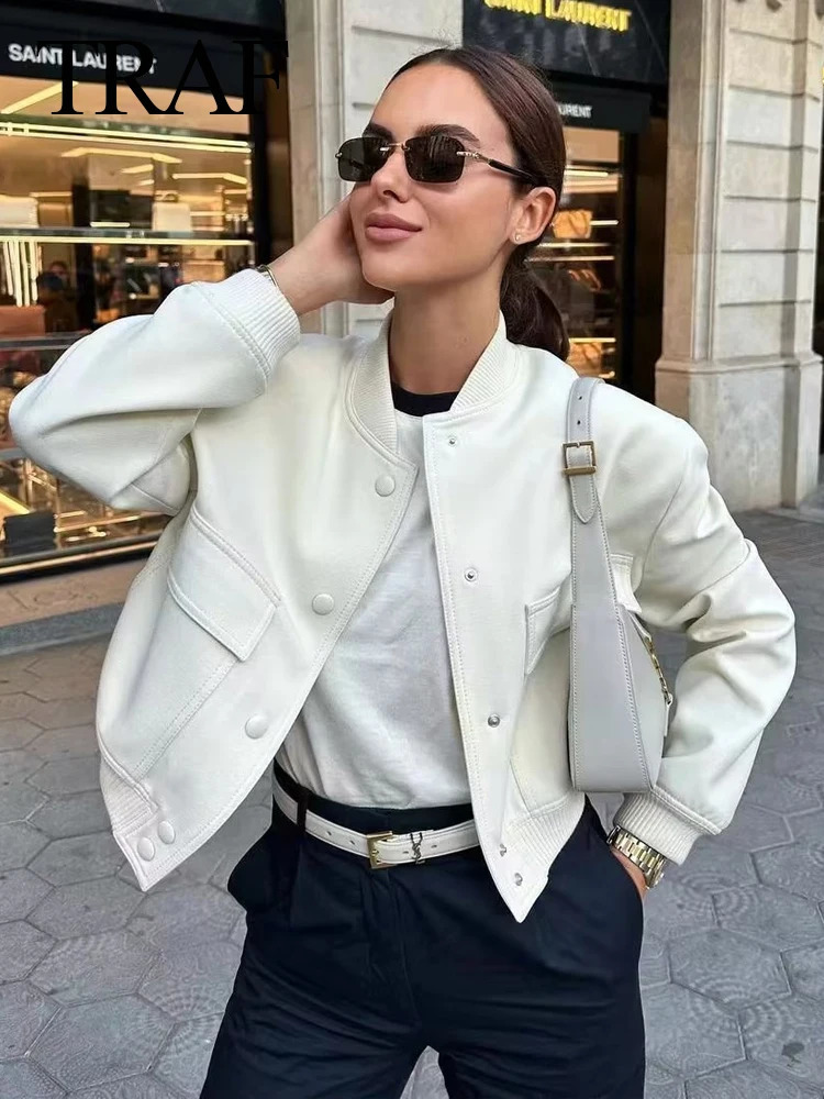 TRAF Retro Solid Long Sleeve Bomber Spring Casual Jacket Street Clothing Womens Elegant Collar Zipper Jakcet 240913