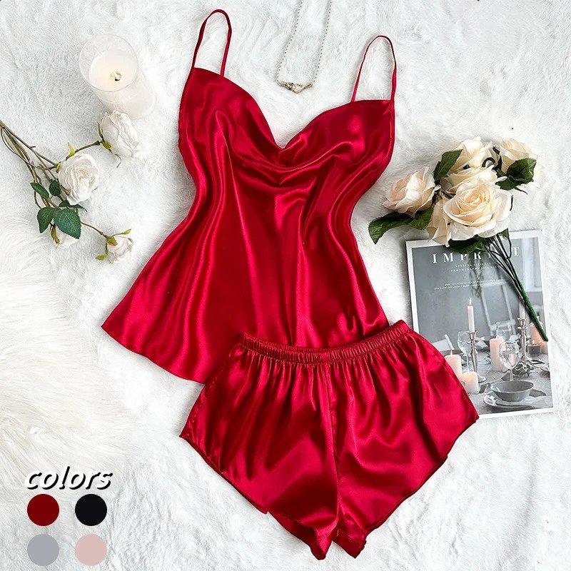 Femmes sexy pyjama en satin solide set2pcs tank cami top shortsCocumfortable fit fit sexy pyjamas salonwama pyjama sets 240913