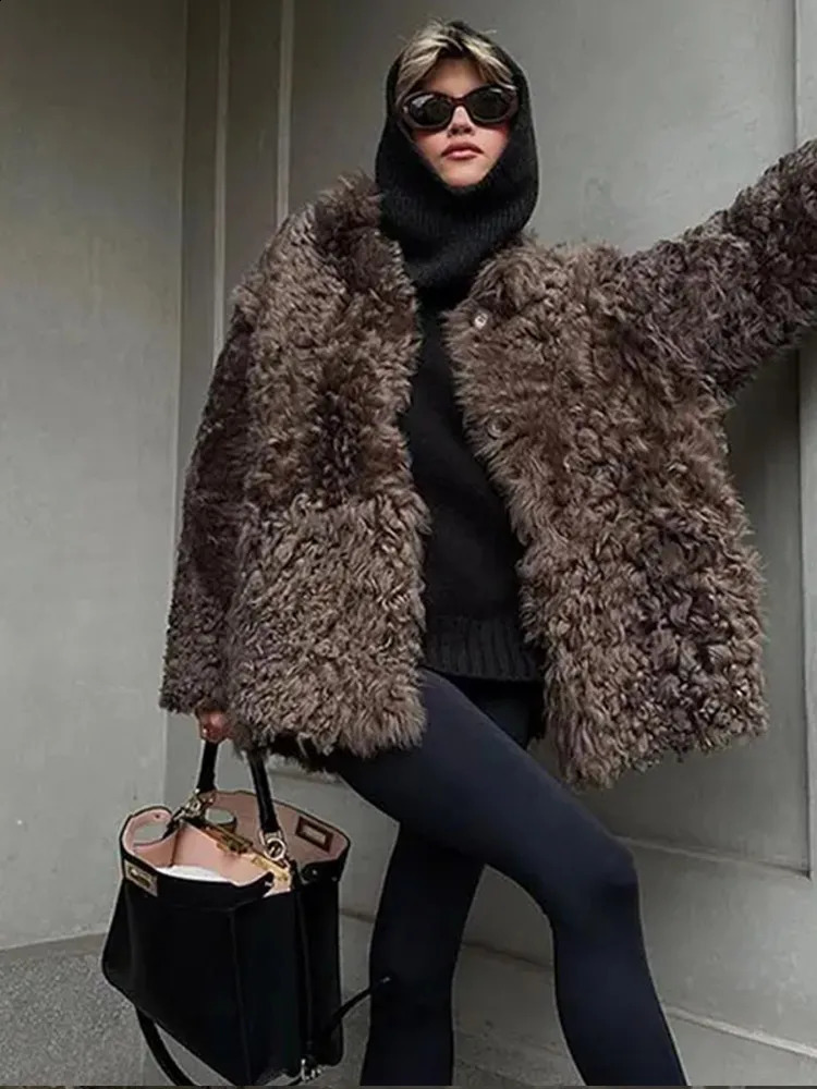 Retro faux fur coat womens chic long sleeved stand up collar pocket loose curly fur jacket womens single chest top for winter 240913