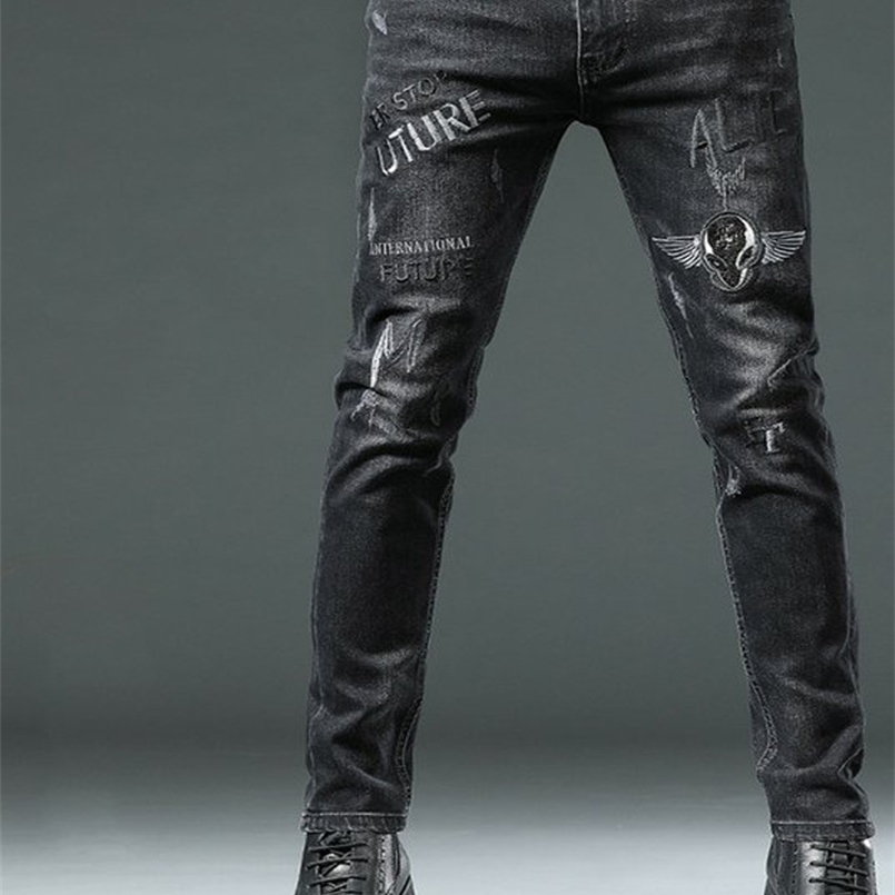 High End Stylish Classic Distinctive Printed Black Stretch Denim Jeans for Men High Quality Slim Fit Stretch Denim Pants 240902
