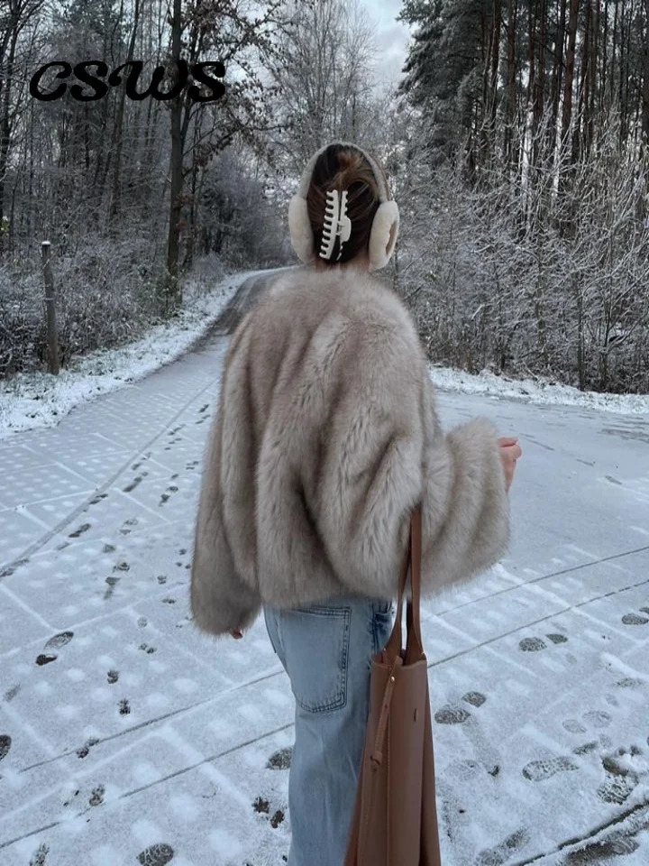 Fashion faux fur leather jacket for women warm and fluffy loose long sleeved V-neck womens cardigan winter solid womens street jacket 240913