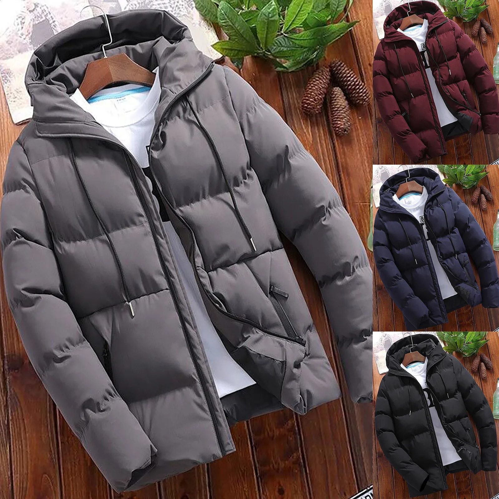 Fashion Parkas Men Winter Overcoat Mens Casual Jacket Warm Hooded Thick Puffer Coat Outwear Business solid color zip Hombre 240913