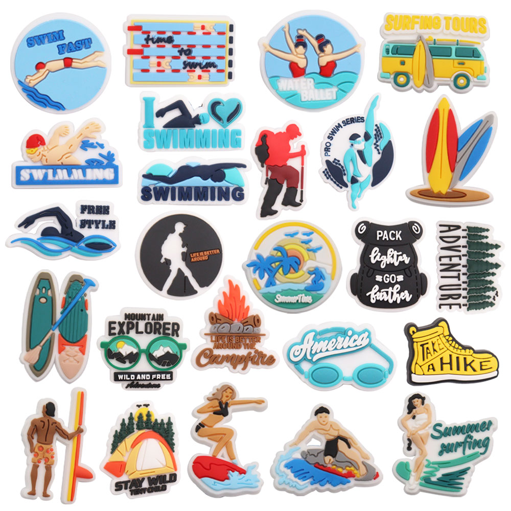 50pcs en gros PVC Prenez une randonnée aventure de nage de natation bouton de chaussures Charmes pour décorations Fit Kids Bracelet