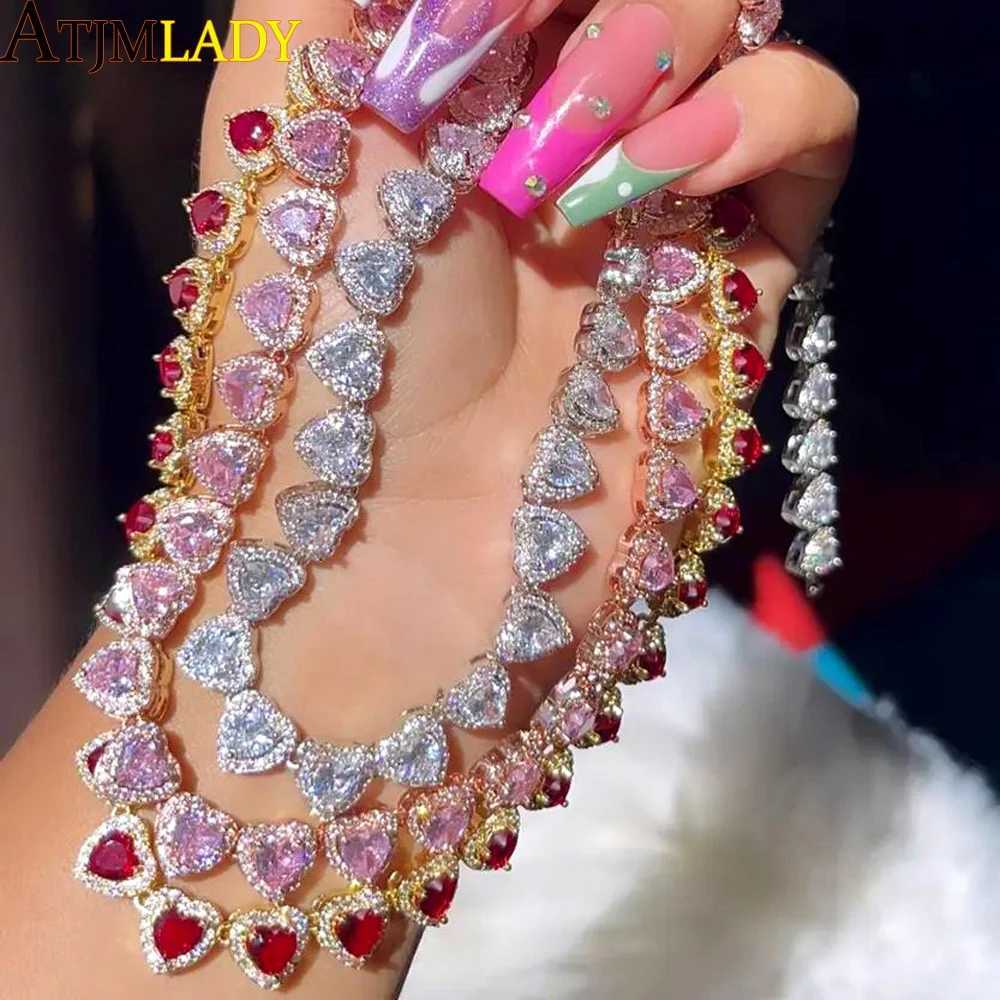 Pendant Necklaces Iced Out Bling 5A cubic zirconia halo CZ cluster heart-shaped tennis chain female girlfriend lover wedding necklace J240909