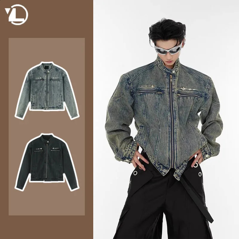 2024 Mens Denim Jacket Zippered Metal n Distressed Washed Short Jeans Vintage Trendy Spliced Male Outerwear 240911Z