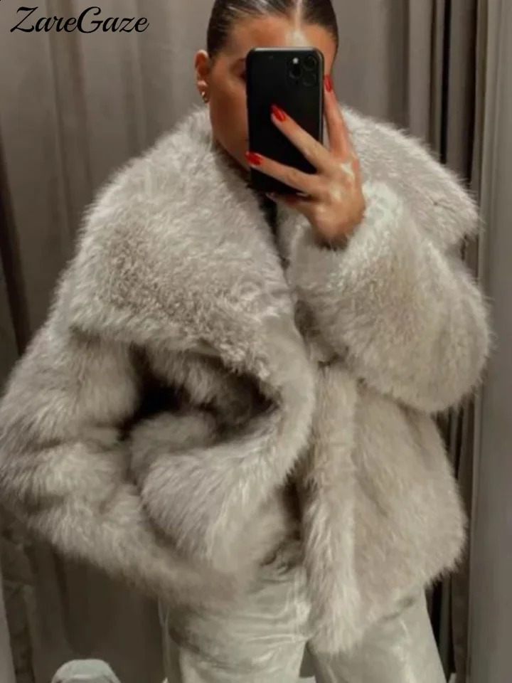 Warm and fluffy synthetic fur leather jacket for women loose long sleeved V-neck womens cardigan winter fashion womens coat streetwear 240913
