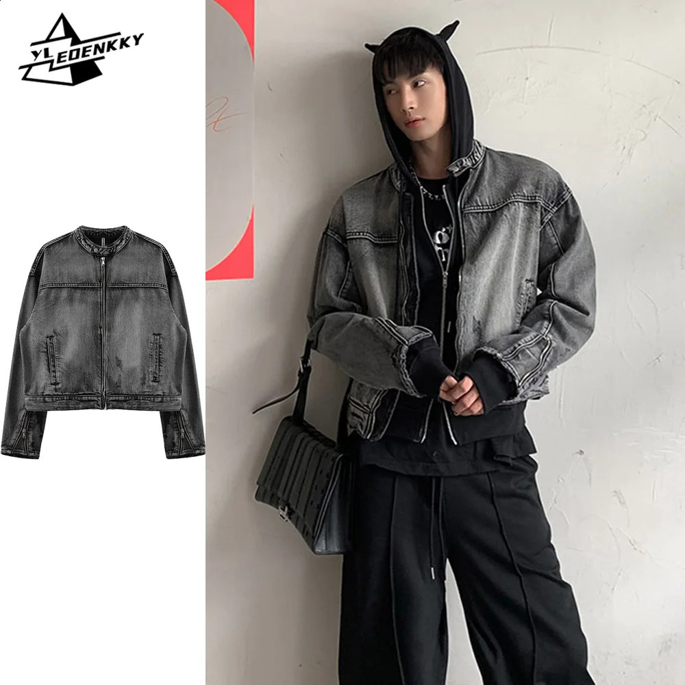 Washed Denim Jacket Men Women American Vintage Cropped Cowboy Coat Hip Hop Loose Casual Motorcycle Unisex Zipup Outwear 240911Z