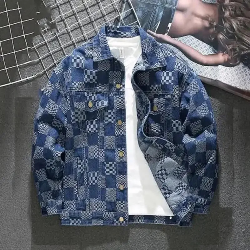Unique Jacquard Denim Jacket For Men Women Loose Fit Casual Trendy Plaid Pocket Long Sleeve Autumn Winter Outerwear 240911Z