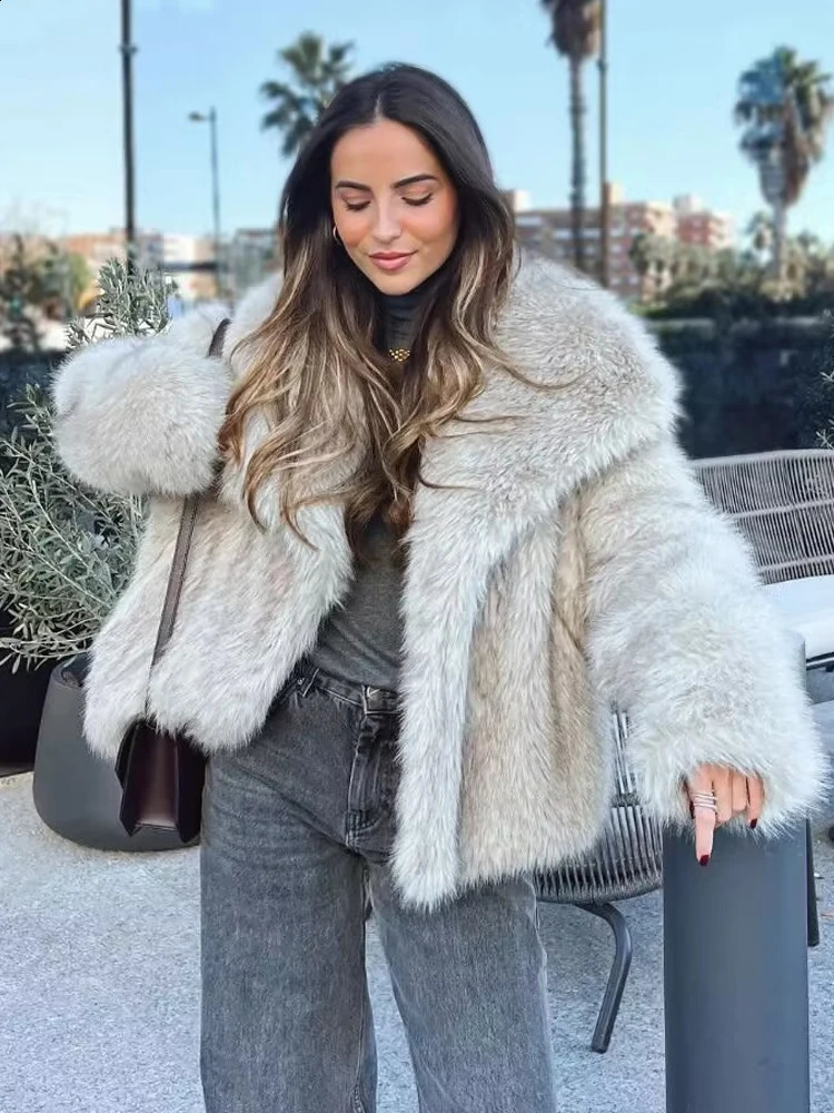 Y2K TRAF faux fur coat womens winter revolving door collar thick fur coat womens casual loose long sleeved chic coat 240913