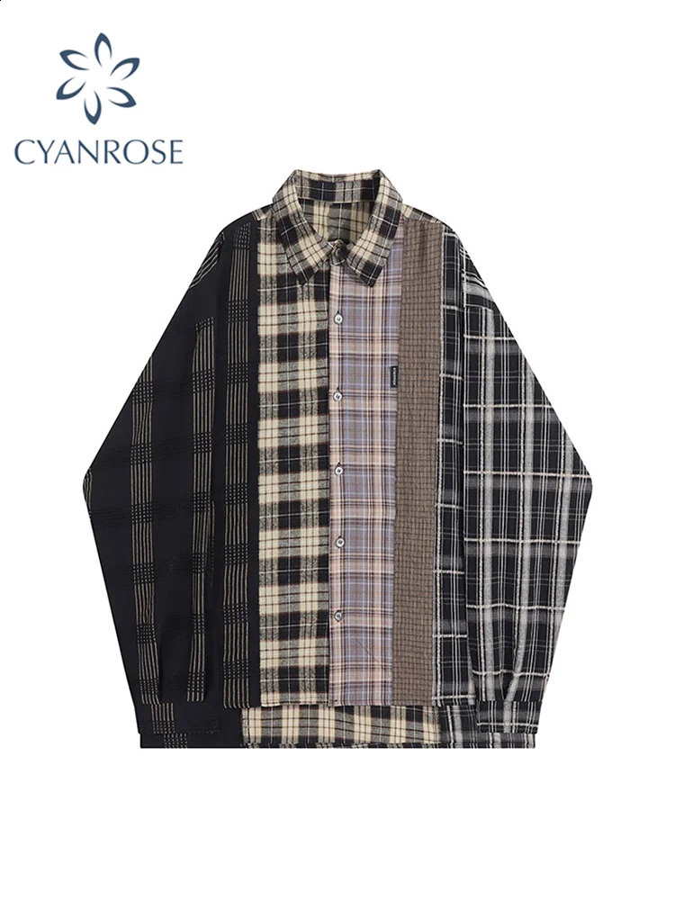 Retro patch work plain weave shirt womens autumn long sleeved oversized button top Korean fashion casual autumn coat top 240914