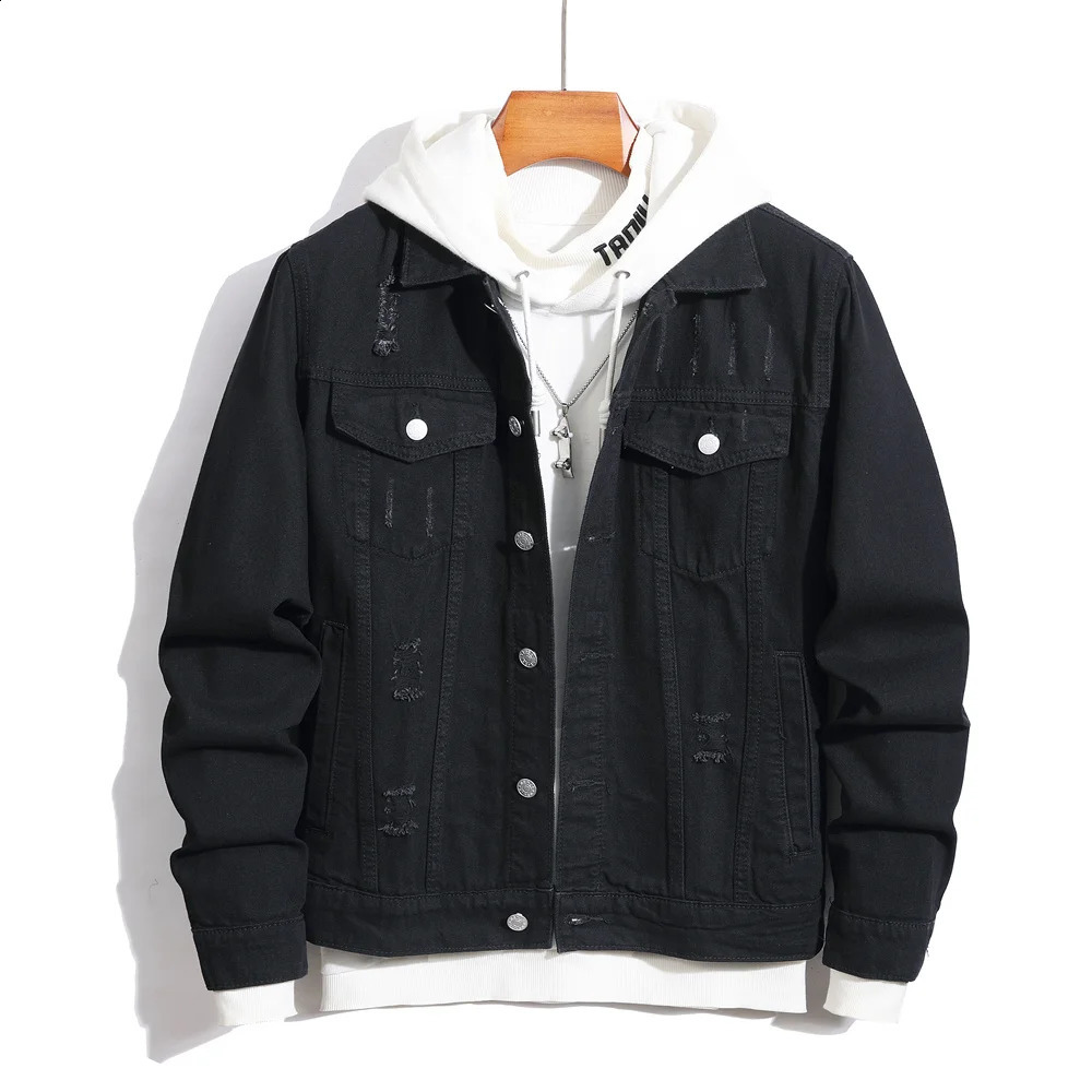 Men High street Fashion Distressed Slim Denim Jacket quality Male Simple Black Holes Casual Coat 240911Z