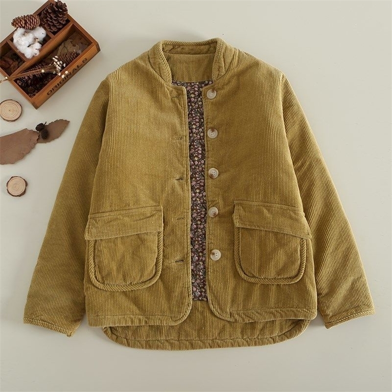 Parka en velours côtelé Femmes automne d'hiver Tendance courte couches chaudes de vêtements en coton collier vintage veste à poitrine simple mant