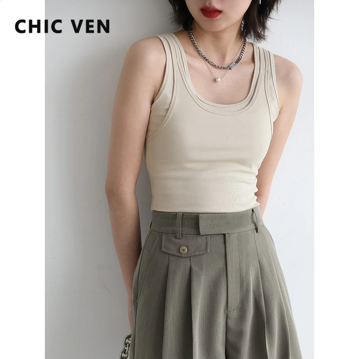 CHIC VEN womens vest solid ultra-thin fit short U-neck pendant vest crop top womens summer basic elasticity 240914