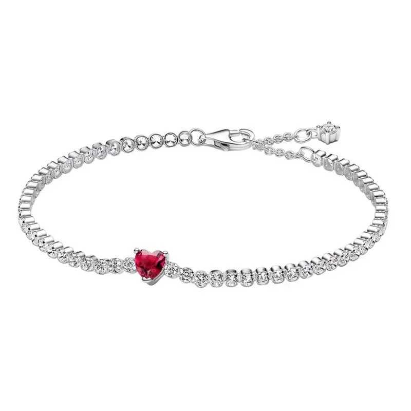 Tennis New 925 Sterling Silver Pan Red Sparkling Heart Tennis Bracelet Silver Bracelet Suitable for Womens Anniversary Wedding Gift y240914
