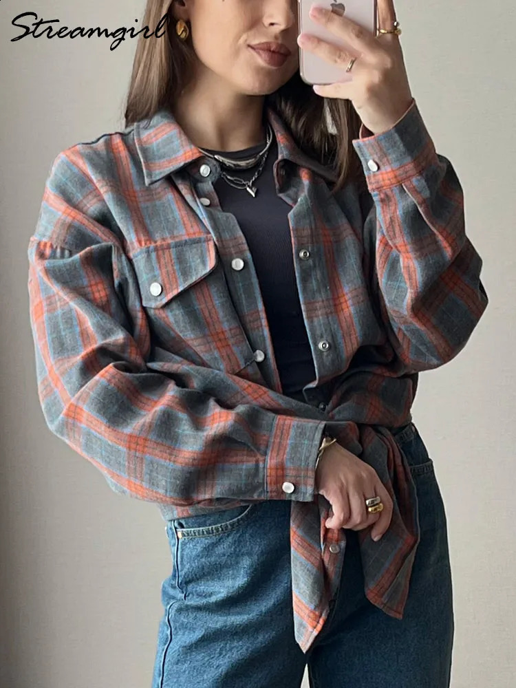 Retro oversized plain weave womens long sleeved orange plain weave top oversized shirt orange womens loose plain weave shirt long sleeved 240914