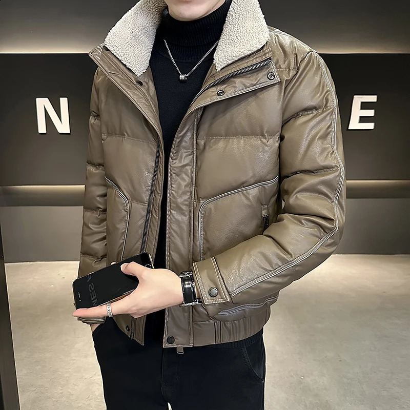 Mens Winter Pu Leather Down Jacket Mens Short Pocket Warm Jacket Mens Lightweight White Duck Down Jacket P442 240913