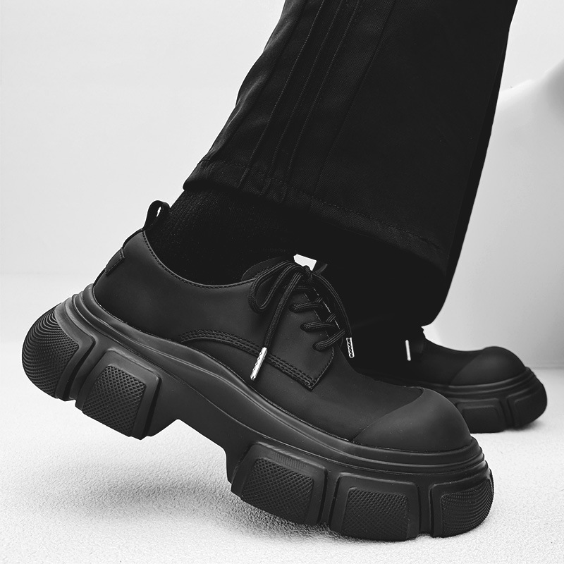 hot Men's Black Genuine Leather Platform Dress Shoes - Thick Sole, Casual, Haruku Streetwear Style