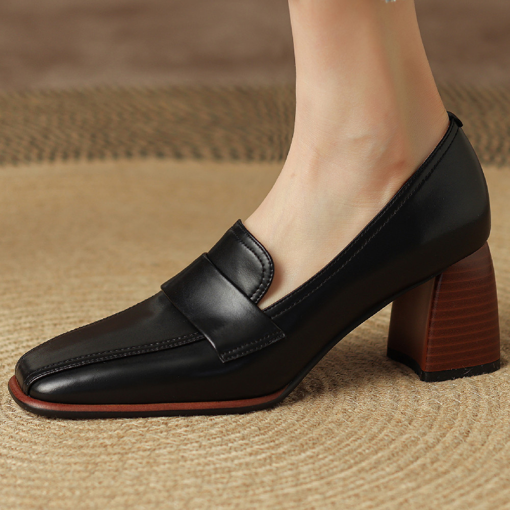 Véritable pour femmes en cuir épais talon haut talon carré Pompes à slip-on
