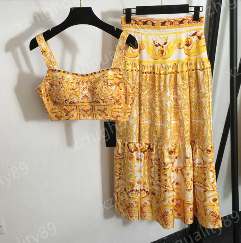 Robes de créateurs pour femme robe de plage de la mode citron jaune imprimé tube coton top top spaghetti corset hauteur taille maxi jupe luxe sex