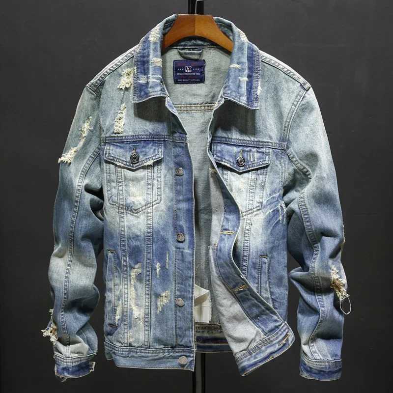 Spring and Autumn Denim Jacket Mens Denim Slimming Hole Jacket Mens Tear Denim Jacket Hip Hop Street Clothing Coats Plus Size 5XL W240914