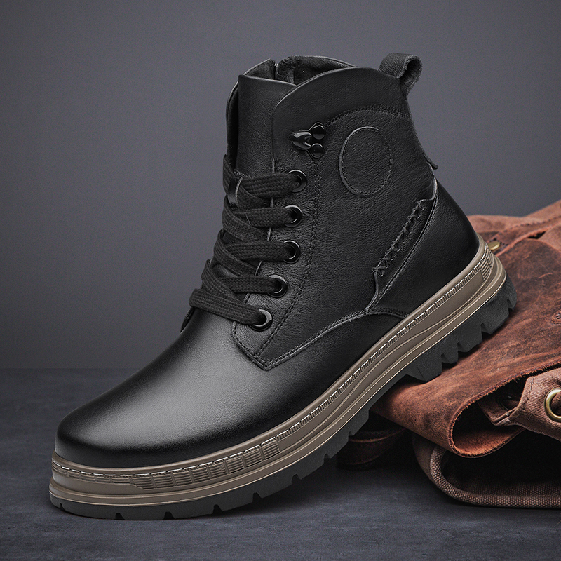 Luxury Brand Mens Ankle Genuine Man Casual Footwear Black Punk Leather Motorcycle Boots Men Winter Fur Warm Shoes