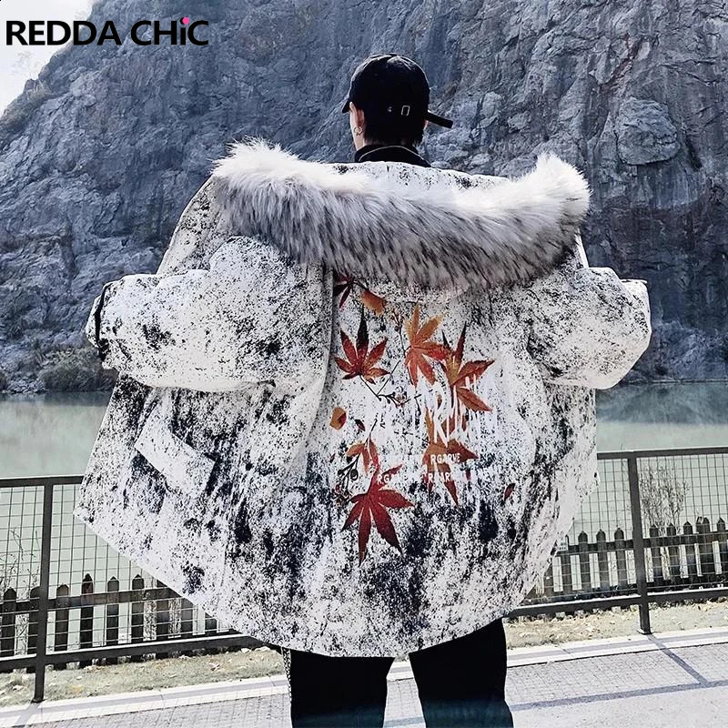 REDDACHiC Faux Fur Hooded Men Down Jacket Maple Leaf Print Loose Casual Long Sleeves Oversize Coat Warm Puffer Winter Outerwear 240913