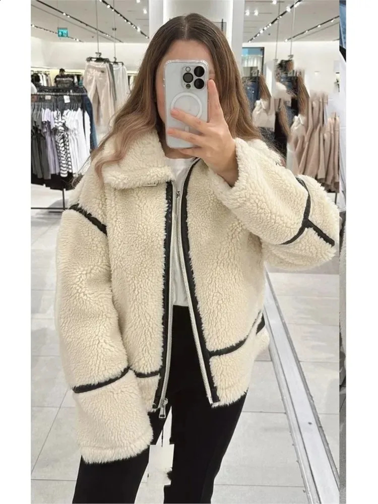 Womens faux fur zipper jacket plush coat loose long sleeved lapel thick coat winter fashion womens warm street jacket 240913