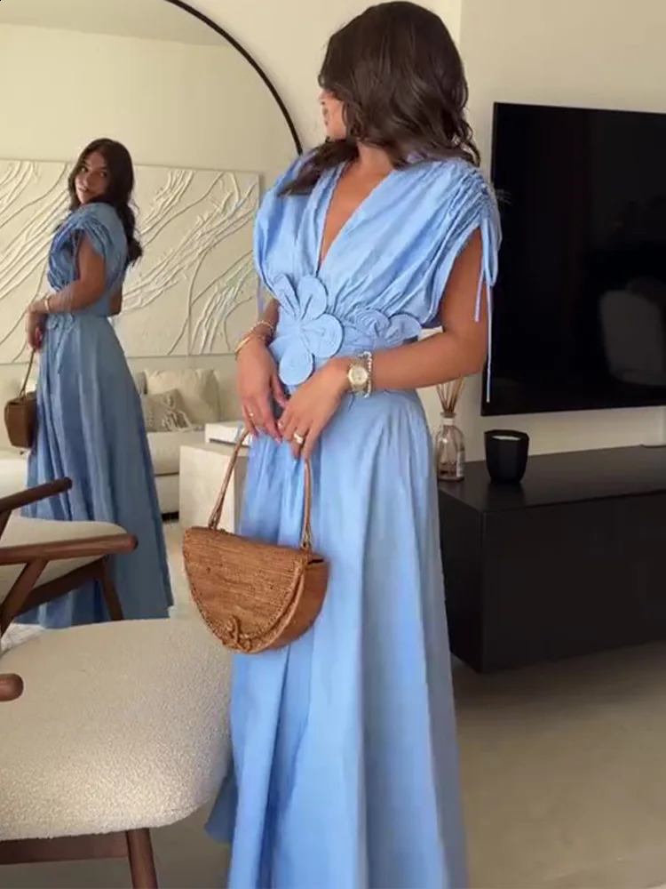 Summer Elegant Pleated Bow V Neck Blue Long Dresses For Women 2024 f Shoulder Slveless Maxi Dress Ladies Vation Robe L26923
