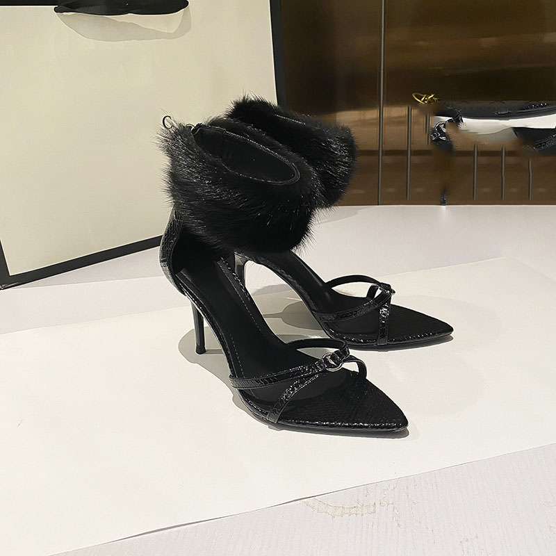 New 9cm High Heels Sandals Women's Thin Heels Sexy Black Fur Pointed Head High Heels