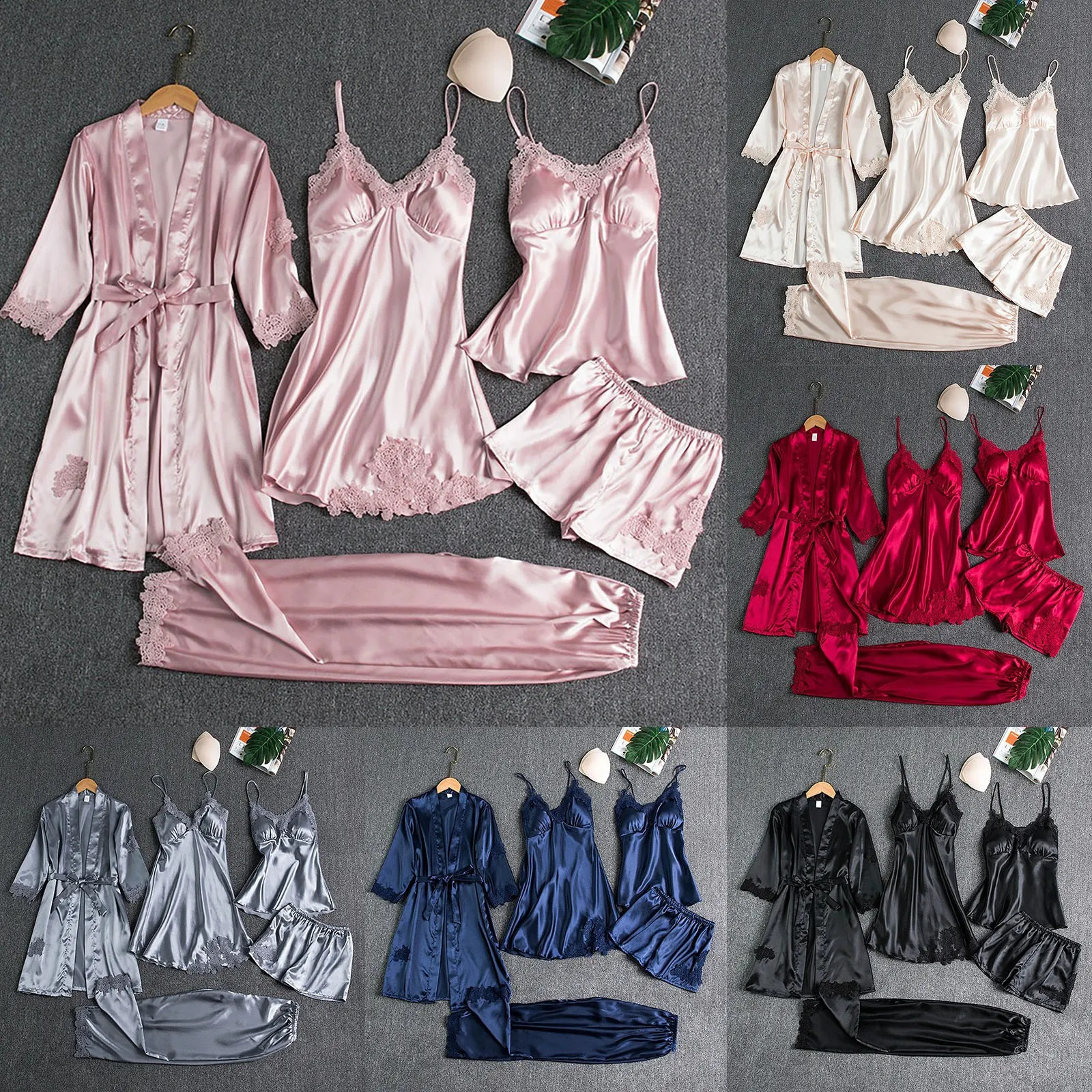 Mesdames Satin Pajamas Set 5 pièces Pyjamas Silk comme en dentelle Pyjama sexy en dentelle pour femmes Sleep Shirts Cotton 240913