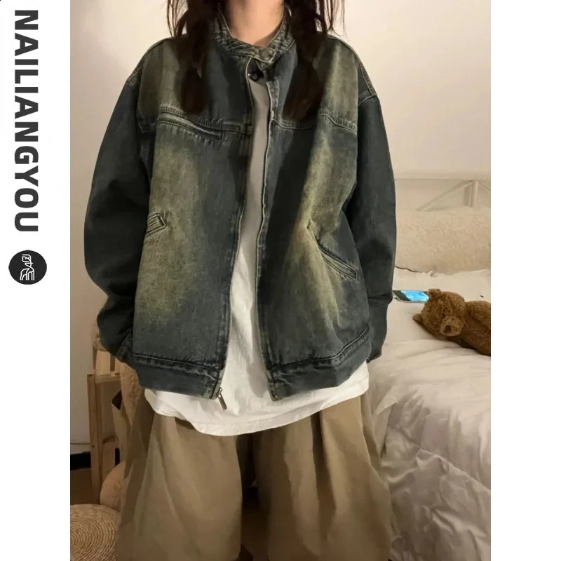 American Motorcycle Washed Denim Jacket Men Women Retro Zipper n Gradient Baseball Jackets Unisex Stand Collar Cargo Coat 240911Z