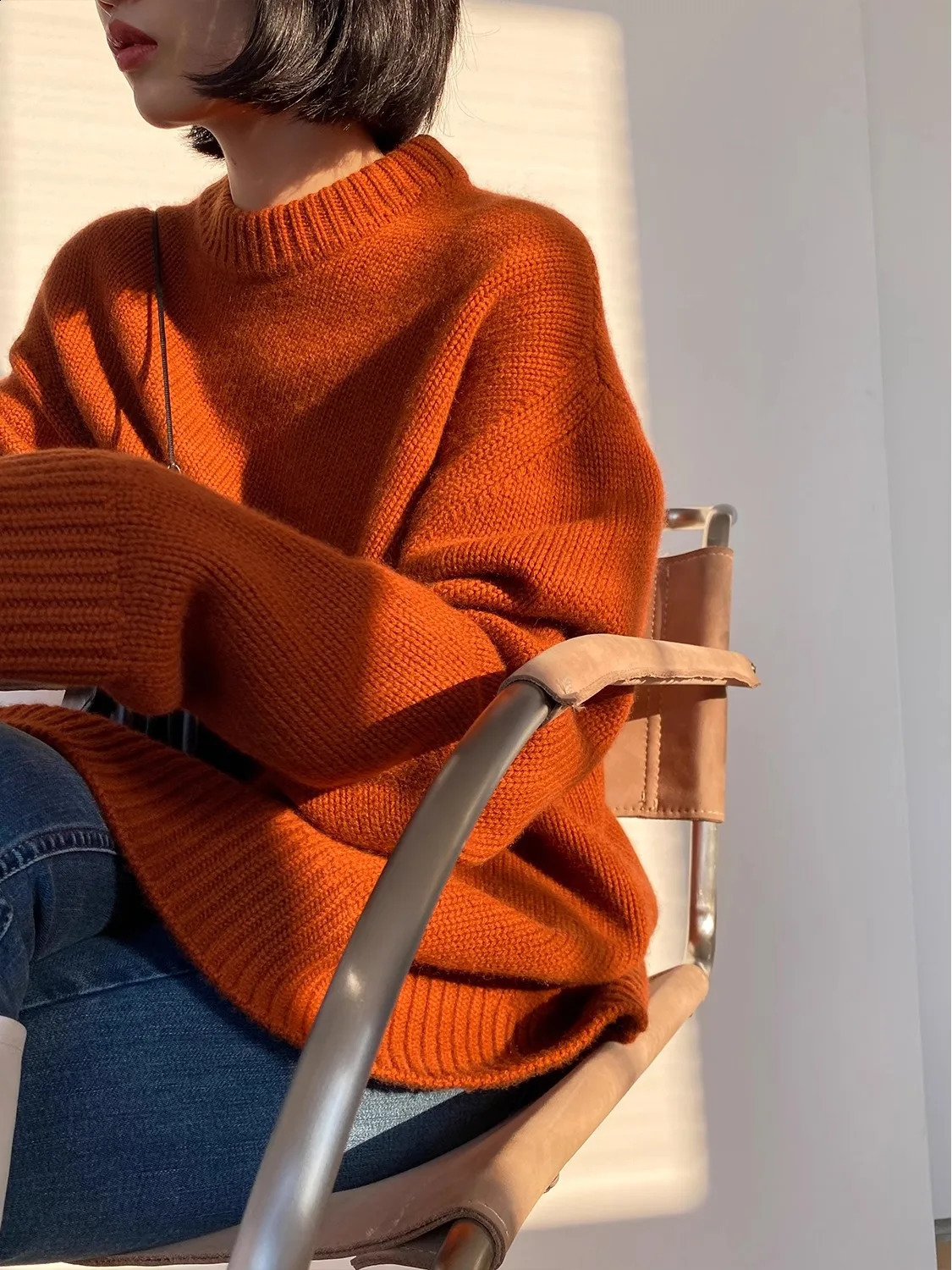 Highend series! Round neck 100% pure cashmere sweater pullover silhouette womens thick loose knit 240904