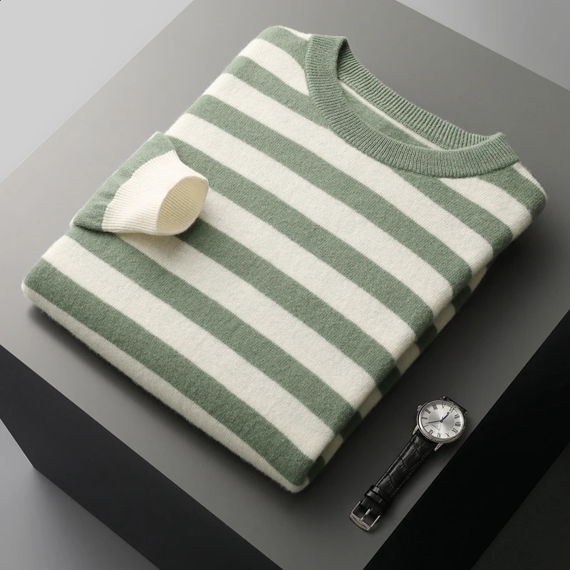 autumn and winter 100% merino wool cashmere sweater mens O-neck pullover knitted striped contrast fashion loose top coat 240914