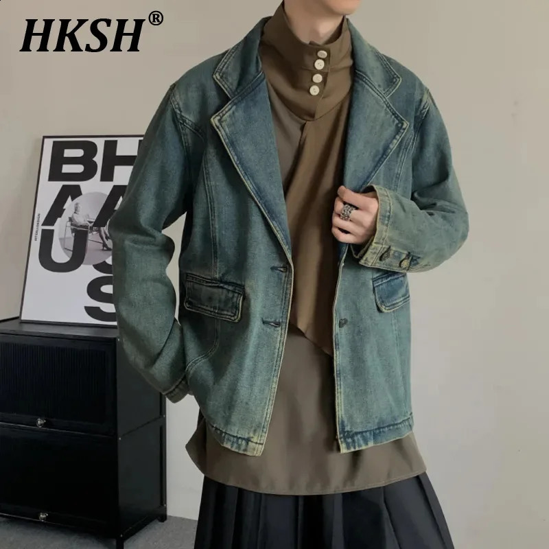 HKSH Men s Spring Autumn Vintage High Street Washed Denim Jackets Slit Niche Casual Loose Womens Coat Fashion HK0057 240911Z