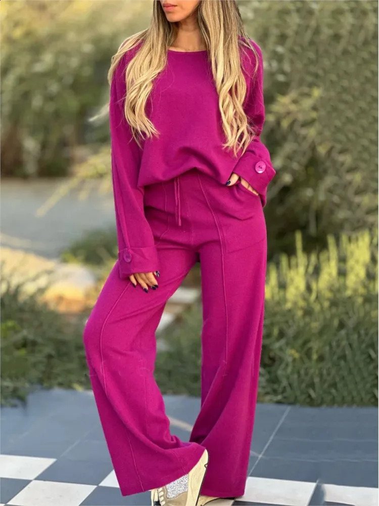 Ensemble de femmes décontractées d'automne Couleur solide Pantalon à manches longues à manches larges à manches larges à manches longues pour fem
