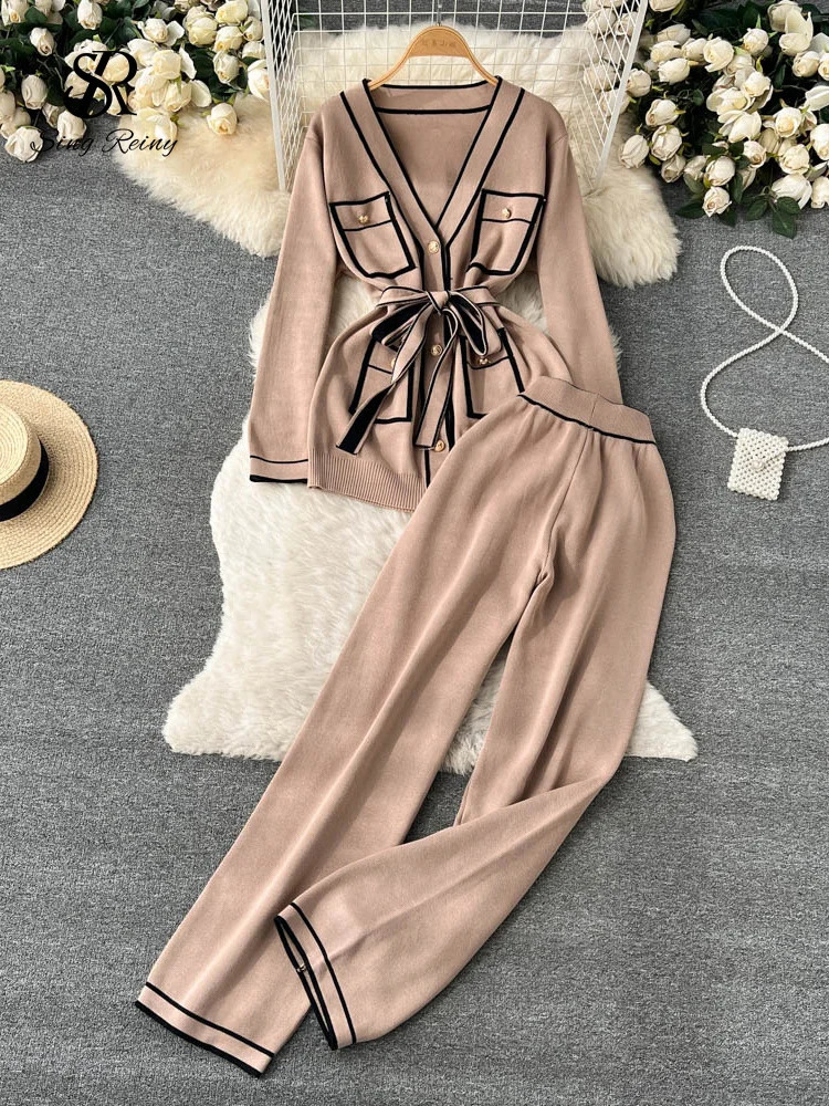 Singreiny fashion sweater two-piece set womens long sleeved knitted cardiganwide leg pants set womens loose knitted set 240912