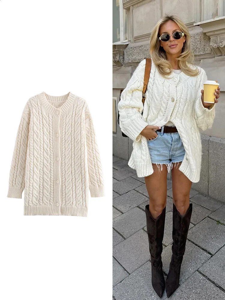 TRAF Womens Single Breasted Long Cardigan Sweater Casual Fashion Solid Colour Twist Soft Sleeve Knitted Jacket 240904
