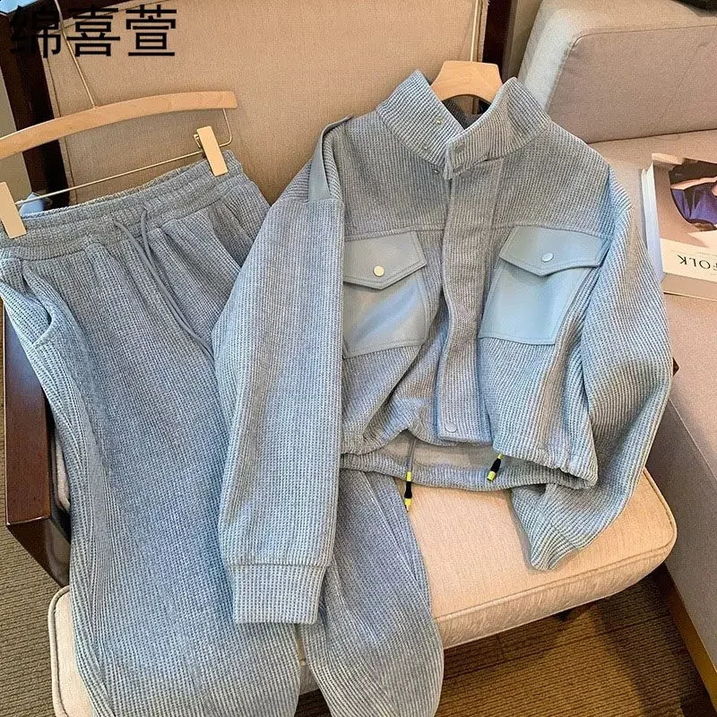 Korean autumn grey long sleeved jacket high waist wide leg pants two-piece set suitable for womens sportswear 240912