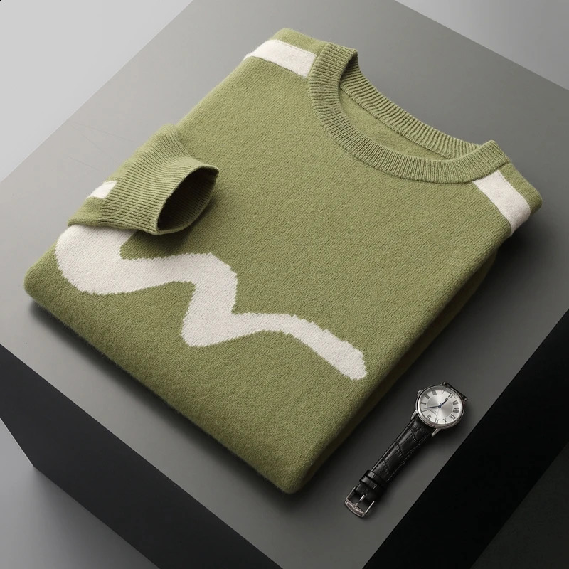 Autumn Winter Mens Sweater 100% Wool Round Neck Top Casual Knitted Contrasting Color Pullover Long Sleeved Base Sweater 240914