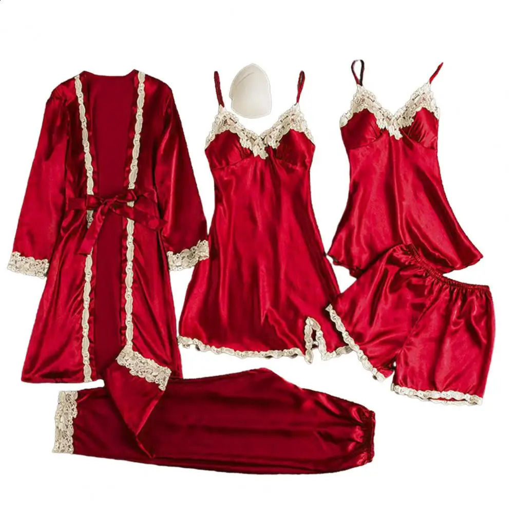 Ensemble de pyjama en soie Ensemble de pyjama élégant en dentelle de satin avec taille à lacets Ensemble de vêtements de nuit 5 pièces pour femme