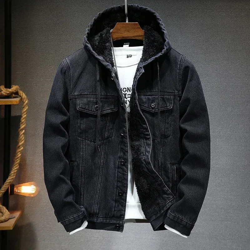 2024 Winter Mens Denim Jacket Young Fleece Thick thermal Fit Casual Hooded Top Jackets 240911Z