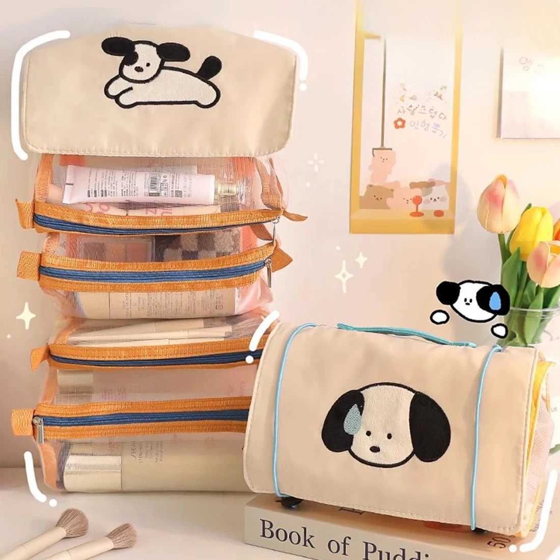 Detachable Cartoon Dog Makeup Bag New Portable Zipper Mesh Large Capacity Cosmetics Pouch Travel Cosmetic Storage Bags Z240914