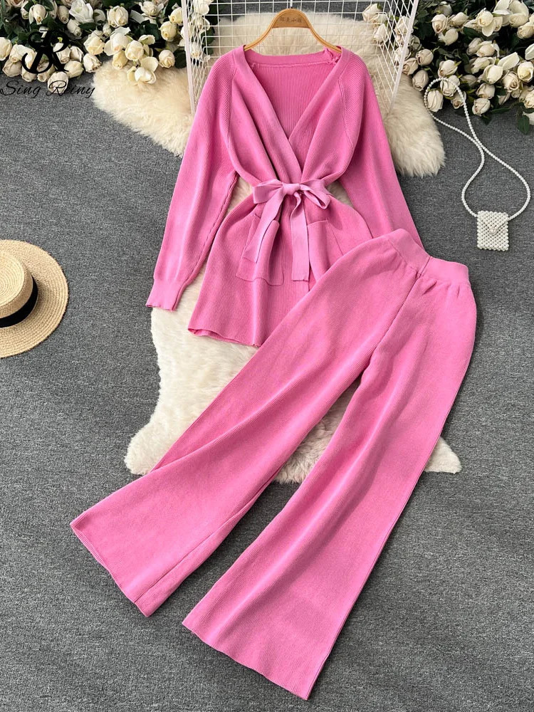 Singreiny Winter Casual Two Piece Set Long Sleeve Knitted Open Knitted Woolen SweaterElastic Waist Wide Leg Pants Womens Loose Sweater Set 240912