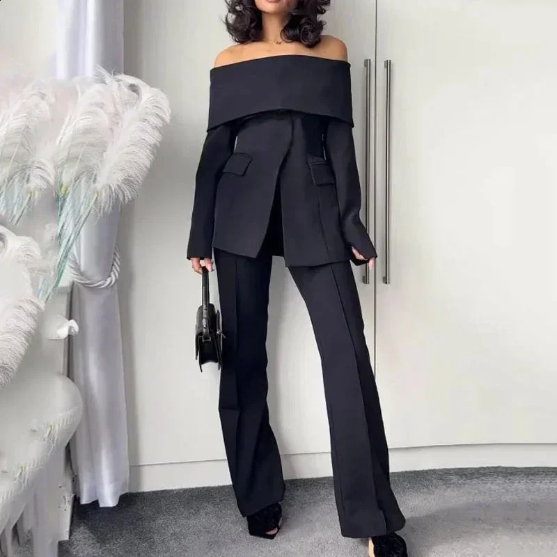 Autumn office womens two-piece set simple shoulder long sleeved solid color set loose pants set 240912
