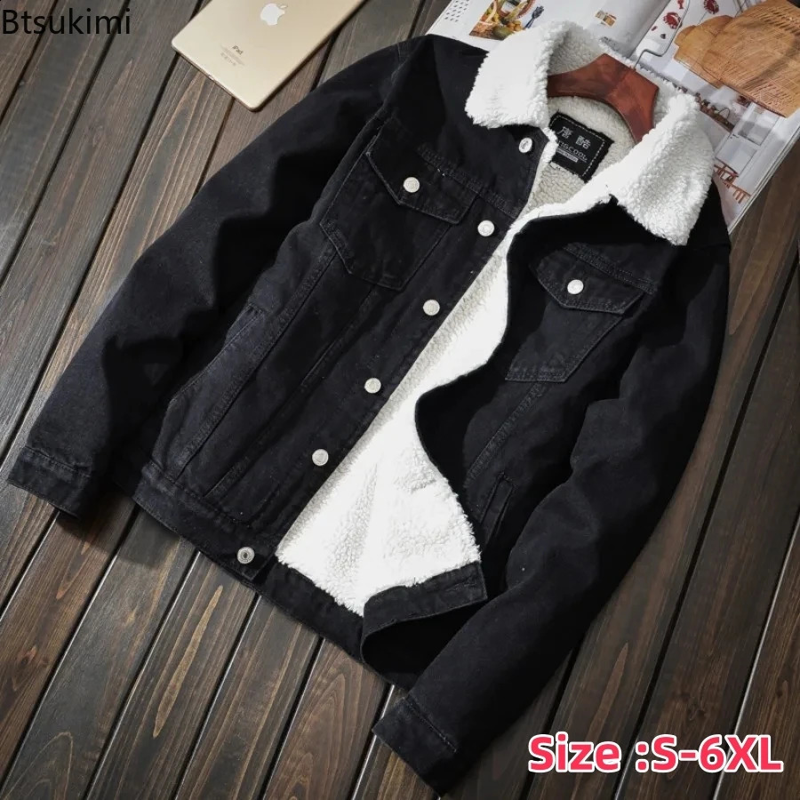 Mens Autumn Winter Solid Casual Jacket 2024 Denim Male Thickened Lamb Fleece Lined Warm Coats for Men Plus Size S6XL 240911Z