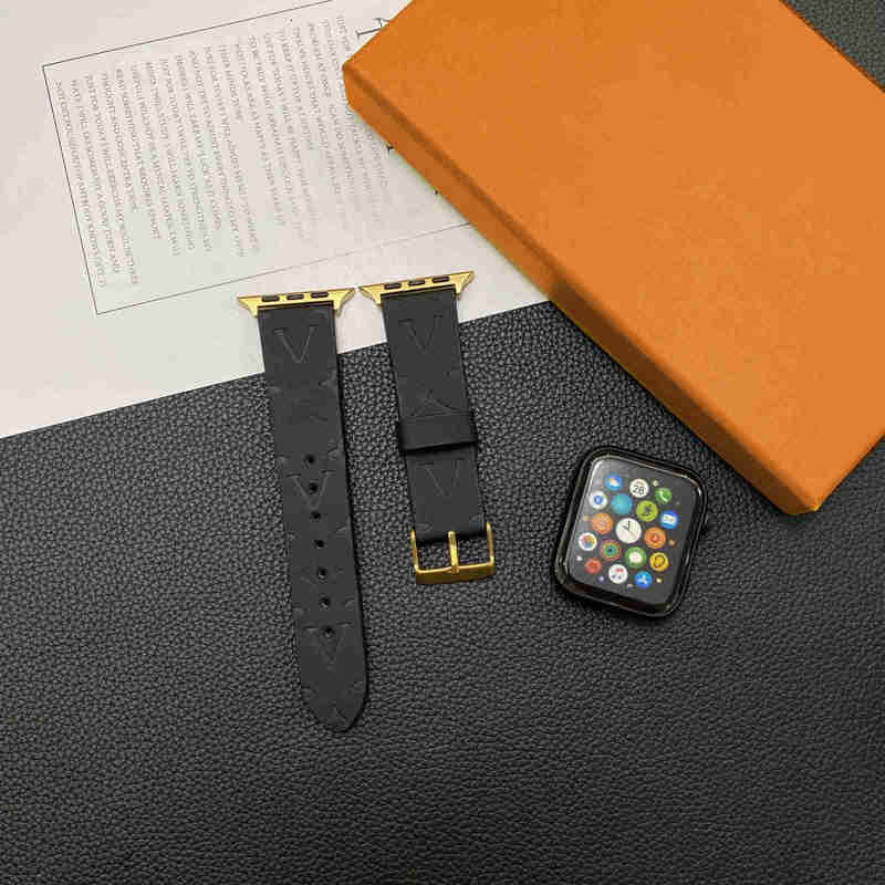Smart Straps designer Luxury Watch Band 38 40 41 42 44 45 49 mm Black embossed Watchs Strap Wristband For Iwatch 8 7 6 5 4 SE Designer Watchbands 7G